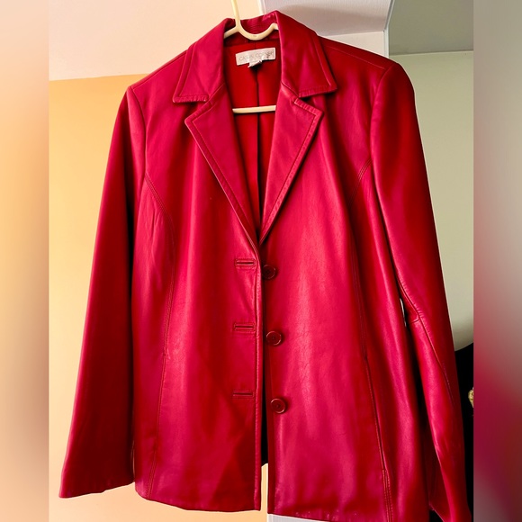 Casual Corner Jackets & Blazers - Vintage 90s Casual Corner red faux leather jacket, size medium
